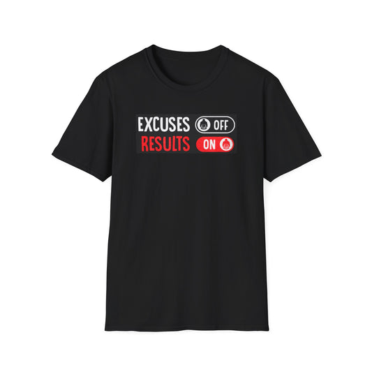 Excuses Off Results On Unisex Softstyle T-Shirt - Motivational Fitness Tee